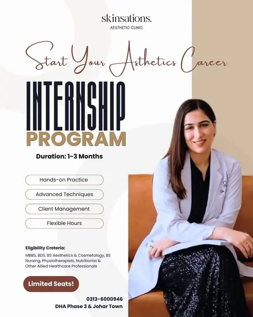 Skinsations Aesthetic Medicine Internship Program Poster featuring Dr. Afia Rafique